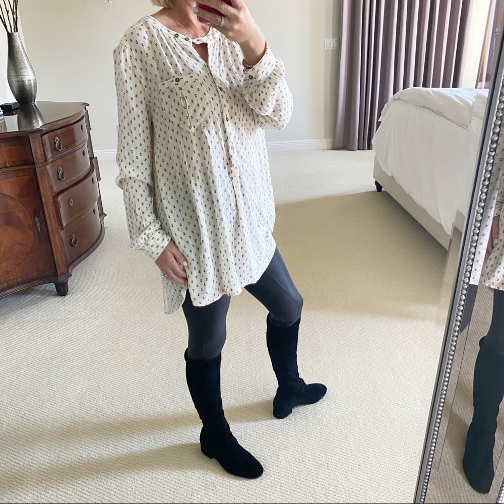 Free People Cream Boho Printed Button-Front Tunic